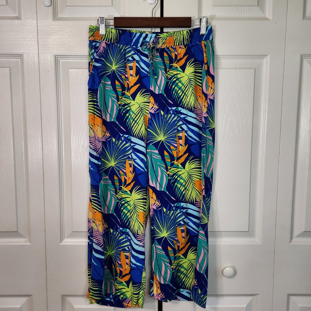 Stella Parker Collection Tropical Palm Print Wide Leg Pull On Pants Blue Green M
